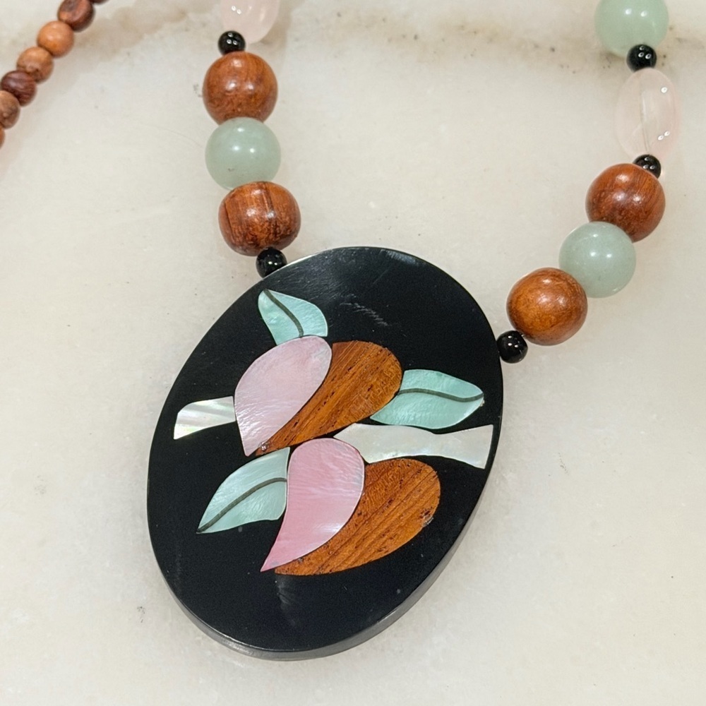 Vintage Lee Sands Floral Mother of Pearl Pendant Necklace with Gemstone Accents